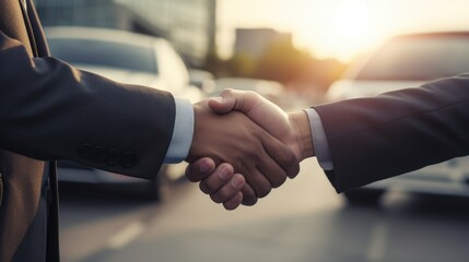 male handshake on the background of a car dealership. good deal on buying a car