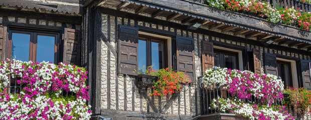 Fototapeta na wymiar Detalle panorámico de casa con balcones hermosamente adornados con macetas y tiestos con flores en la villa de La Alberca, España
