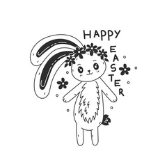 Happy Easter bunny doodle with text. Cute sketch rabbit wearing a wreath with handwritten lettering and flowers. Vector illustration. Black line art on white background