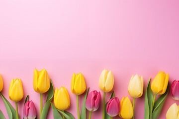Yellow and pink tulips on a pink background. Flat lay, with copy space. for valentine, birthday, wedding, invitation, card, greeting, presentation, celebration, banner
