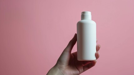 Hand holding a blank plastic bottle  with pink background cosmetic product placement  - obrazy, fototapety, plakaty