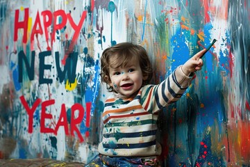 A child wrote on the wall Happy New Year!