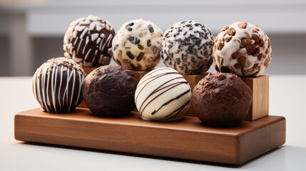  a group of chocolate truffles sitting on top of a wooden stand on a white table next to each other.