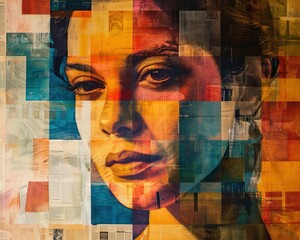 Double exposure with colorful newsprint with girl and checkerboard.