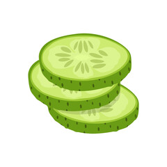 Cucumber isolated on a white background. Delicious ripe cucumber whole and slices. Flat style, cartoon design
