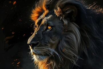 Fototapeta premium Lion king and flames, dark background.