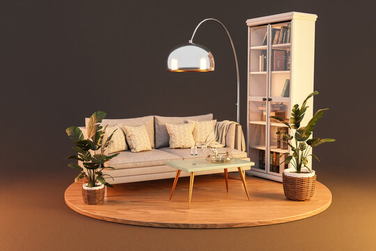 livingroom interior design isolated on wooden podest and infinite background; couch and bookshelf; 3D rendering