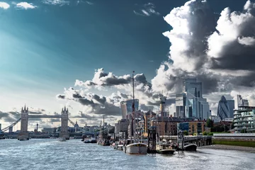 Foto op Aluminium Tower Bridge And River Thames With Ships And Boats In Front Of Modern Office Buildings In The City Of London, United Kingdom © grafxart
