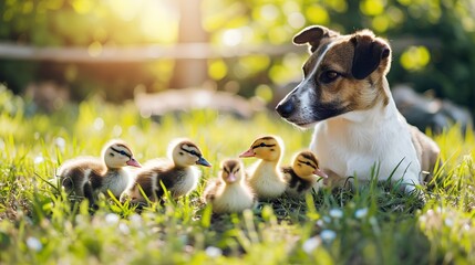 A heartwarming scene of animal companionship on a rustic farm, featuring an adorable puppy and a group of fluffy ducklings huddled together, symbolizing cross-species friendship and bucolic serenity. - obrazy, fototapety, plakaty
