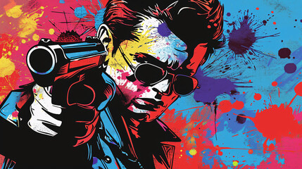 Portrait of young man with gun on abstract colorful background. Vector illustration.