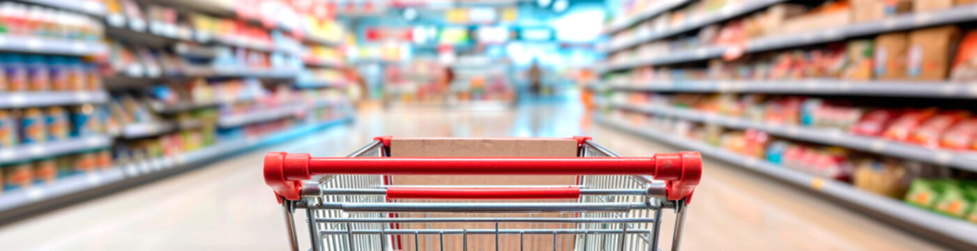 Supermarket aisle with empty red shopping cart. AI generated.
