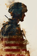 Double exposure soldier and US flag. 