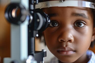Boy getting an eye exam at clinic.