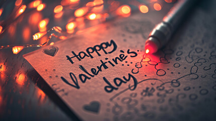 Happy Valentines Day. Red pen on the background of Christmas lights. - obrazy, fototapety, plakaty