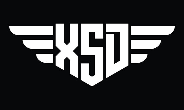 XSD three letter logo, creative wings shape logo design vector template. letter mark, word mark, monogram symbol on black & white.