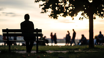 A person sitting on a park bench, staring distantly at the horizon with a thoughtful expression.  - obrazy, fototapety, plakaty