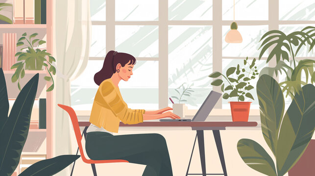 Young woman working at home office. Freelance, remote work, freelance concept. Vector illustration