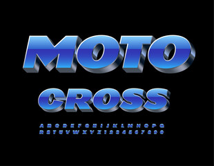 Vector modern sign Moto Cross. Modern Blue and Silver 3D Font. Unique Alphabet Letters and Numbers. 