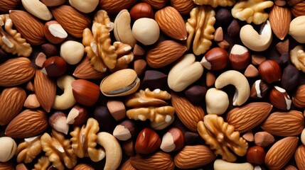  a mixture of nuts and nutshells in various colors and sizes, including almonds, walnuts, and pistachios. - obrazy, fototapety, plakaty