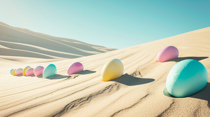 Creative Easter concept of painted pastel eggs in the desert. Holidays on the hot sand under the clear blue sky.