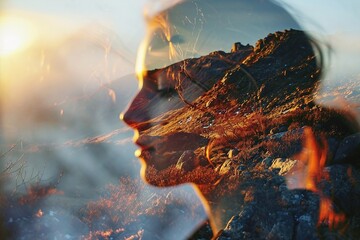 The double exposure with girl and forest.