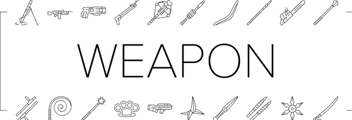 weapon gun game knife war icons set vector. military rifle, sword army, sign sniper, magic fantasy, medieval shield, shotgun weapon gun game knife war black line illustrations