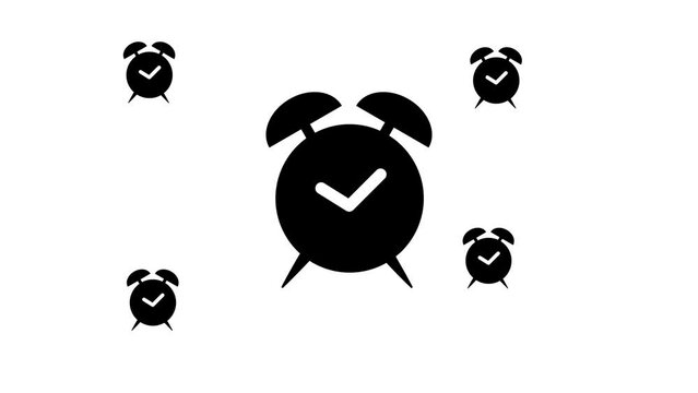 Zoom in and out animation the alarm clock symbol. Large black symbol in the center and four small symbols around. Seamless looped 4k animation on white background