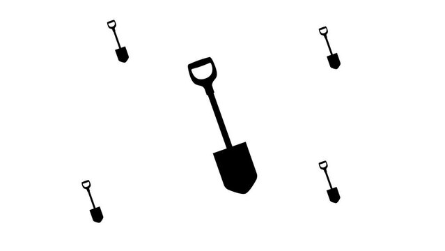 Zoom in and out animation the shovel symbol. Large black symbol in the center and four small symbols around. Seamless looped 4k animation on white background