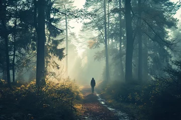 Muurstickers Person walk in forest. © Bargais