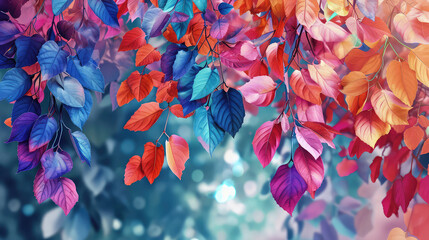Elegant colorful with vibrant leaves hanging branches illustration background. Bright color 3d abstraction wallpaper for interior mural, Generated by AI