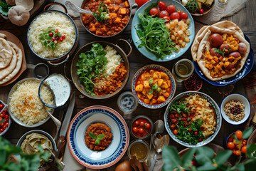 Traditional indian food. Chickpeas, lentils, hummus, chickpeas, vegetables and spices on wooden background