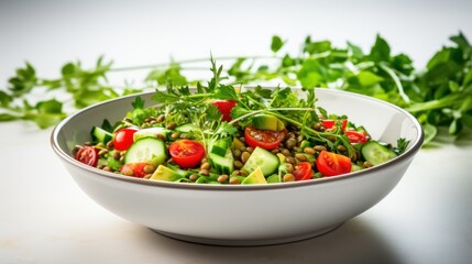  a white bowl filled with a salad of cucumbers, tomatoes, and lettuce on top of a table.