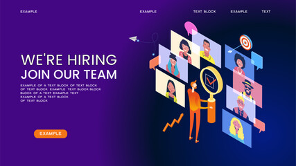 Join our team concept. WE'RE HIRING banner. Open Recruitment Creative Ad.Looking for Talents Advertising. Job Vacancy Design. Recruitment Concept.