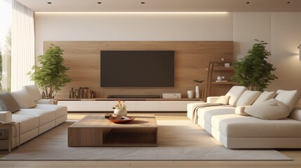 Panorama of elegant designed living room with soft couch, light color walls, big television screen and wooden elements. Interior design concept