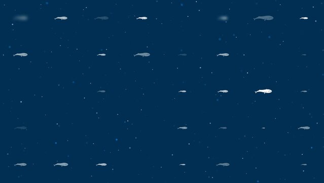 Template animation of evenly spaced whale symbols of different sizes and opacity. Animation of transparency and size. Seamless looped 4k animation on dark blue background with stars
