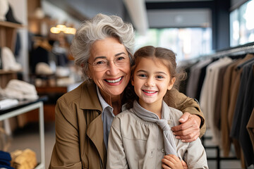 Happily smiling grandmother and granddaughter hugging in clothing store - obrazy, fototapety, plakaty