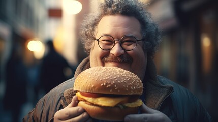 Happy smiling fat man in glasses holding delicious freshly cooked hamburger on the street - obrazy, fototapety, plakaty