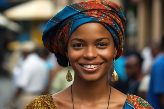 Young charming Cuban woman wearing a colorful headscarf on a blurred street background