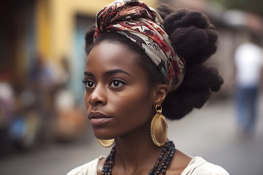 Young charming curly African Cuban woman wearing a colorful bandana on a blurred street background