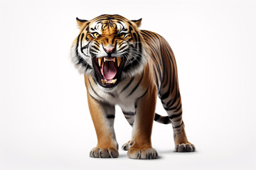 Tiger growling with mouth wide open against white backdrop - obrazy, fototapety, plakaty