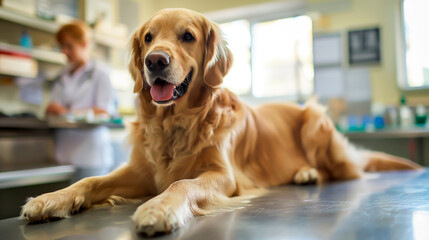 Golden Retriever sitting on a veterinarian's table, clinic background with shallow field of view.
