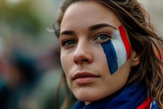 Female French soccer fan with national flag on cheek, championship support concept.
