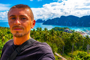 Tourist at Koh Phi Phi Thailand island viewpoint panorama view.