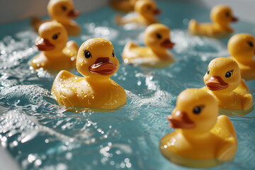 Rubber Duckies Afloat: Yellow Fun in the Bathtub Splash - obrazy, fototapety, plakaty