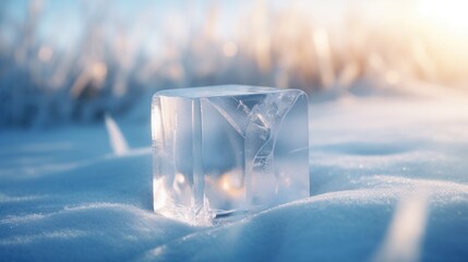  a block of ice sitting on top of a snow covered ground with trees in the background and sunlight shining on the ice.