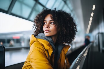 Afro American mixed race, young woman, student with backpack standing in a departure lounge at a busy airport terminal with a backpack. - obrazy, fototapety, plakaty