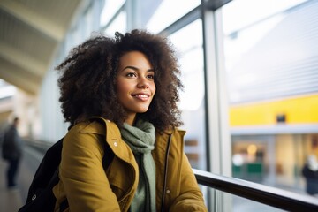 Afro American mixed race, young woman, student with backpack standing in a departure lounge at a busy airport terminal with a backpack.