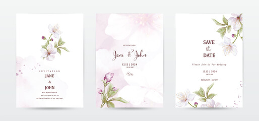 Flower and leaves watercolor wedding invitation template cards set - obrazy, fototapety, plakaty
