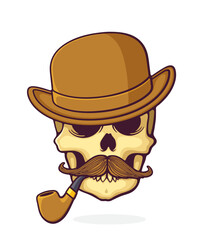 Skull with a mustache, smoking pipe and bowler hat. Vector illustration. Hand drawn cartoon clip art with outline. Isolated on white background