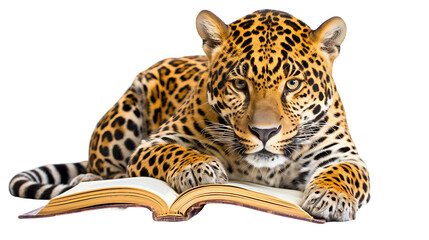 Wise Jaguar Reading Session on a transparent background, Generative Ai